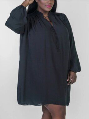 Maree Pour Toi Bishop Sleeve Black Dress Tie Neck Minimalist Sophisticated Chic